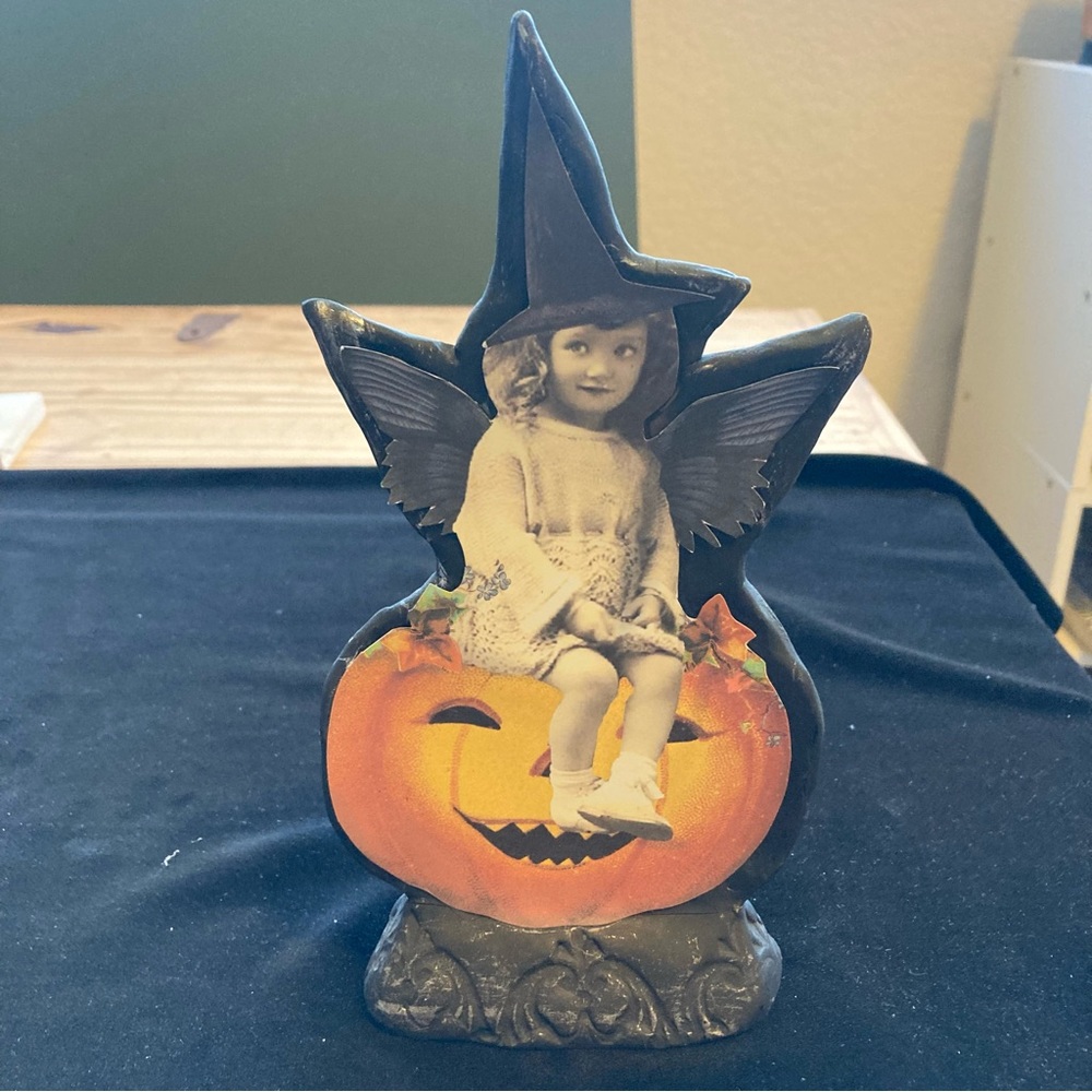 Halloween Paper and Polymer Clay Art Decoration Girl witch on Pumpkins 9”